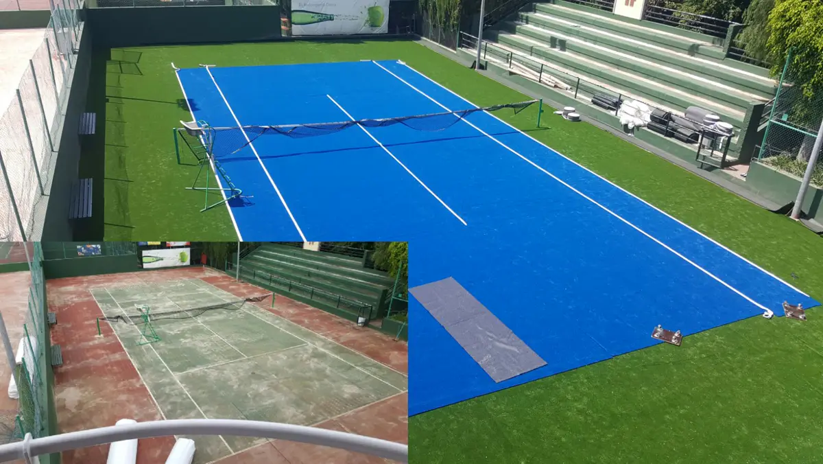 Pista de tenis de césped sintético recién instalada en Tafira, con la pista antigua en el recuadro