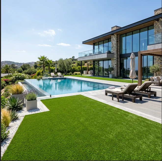Jard&iacute;n residencial de lujo con c&eacute;sped artificial premium